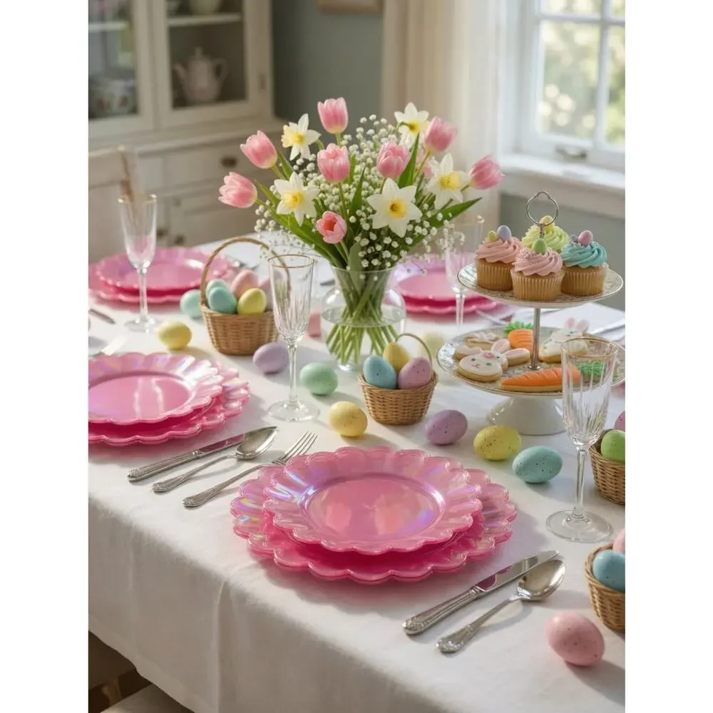 Celebrate Easter Pink Iridescent Scalloped Plates (16 pc Value Pack)